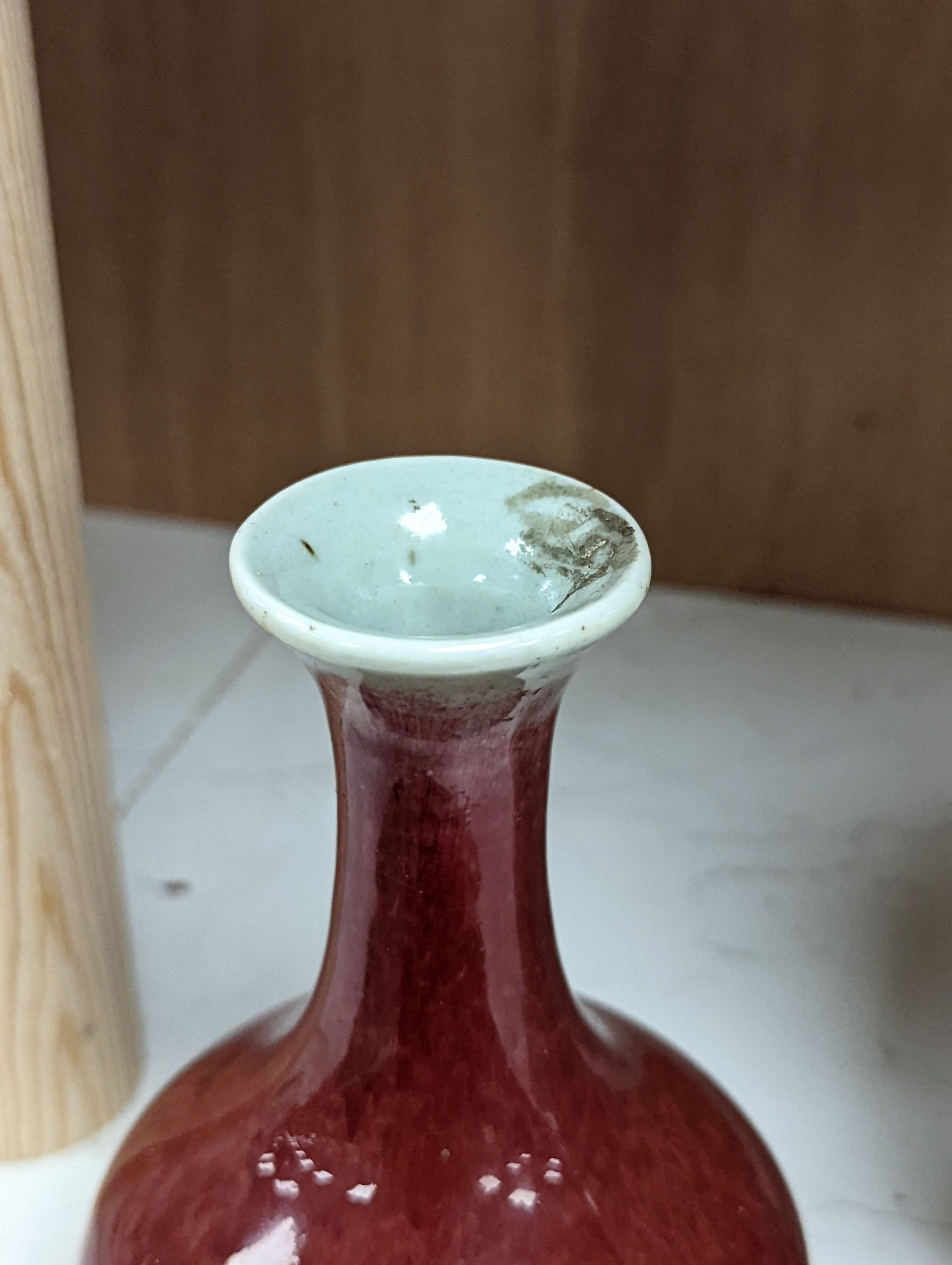 Three 19th Chinese monochrome glazed vases, with sang de boeuf, celadon and turquoise crackle glaze, tallest 21 cm